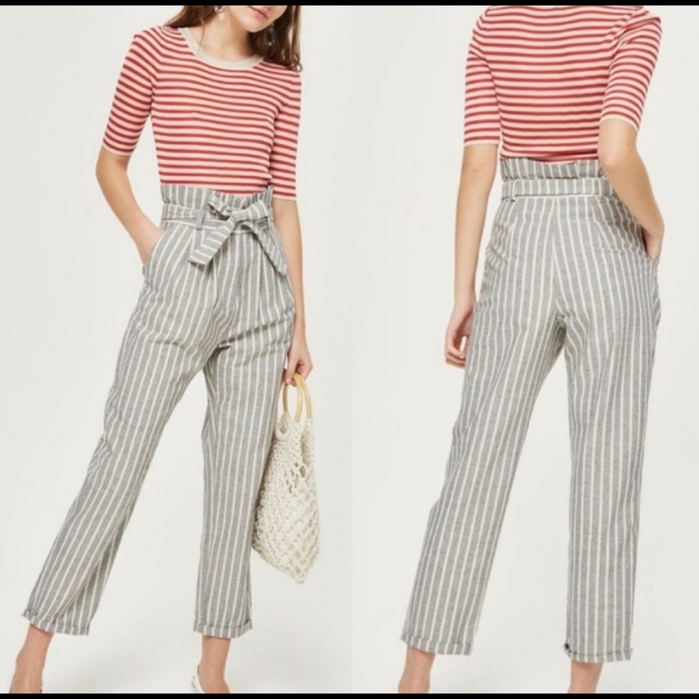 TOPSHOP Belted Striped Tapered Leg Trousers